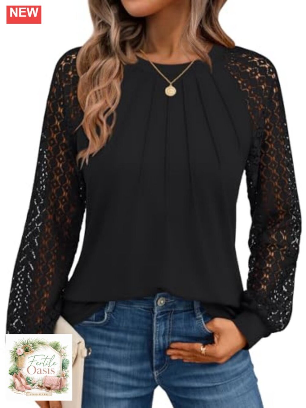 Women's Long Sleeve Lace Tops Casual Blouse Crew Neck Pin-Tuck
